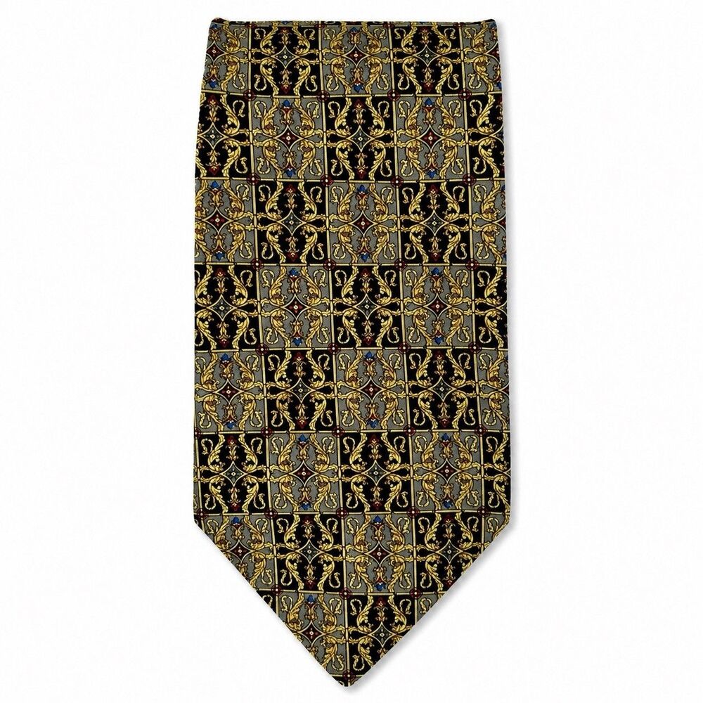 Polifroni Milano Italian 100% Silk Men’s Tie Designer Black/Gold Scroll Necktie